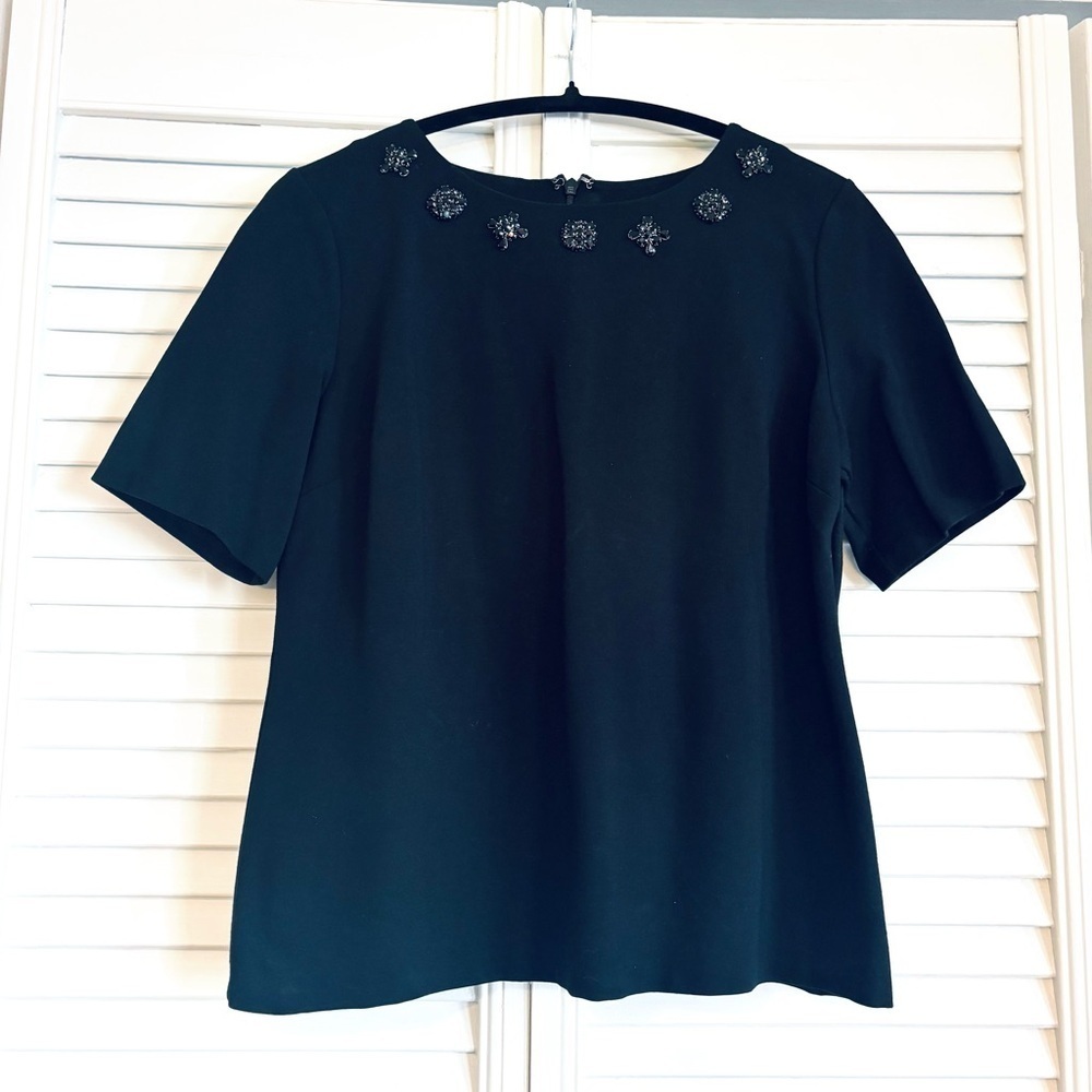Talbots Ponte Knit Top with Rhinestone Embellished Neckline Size Medium Petite
